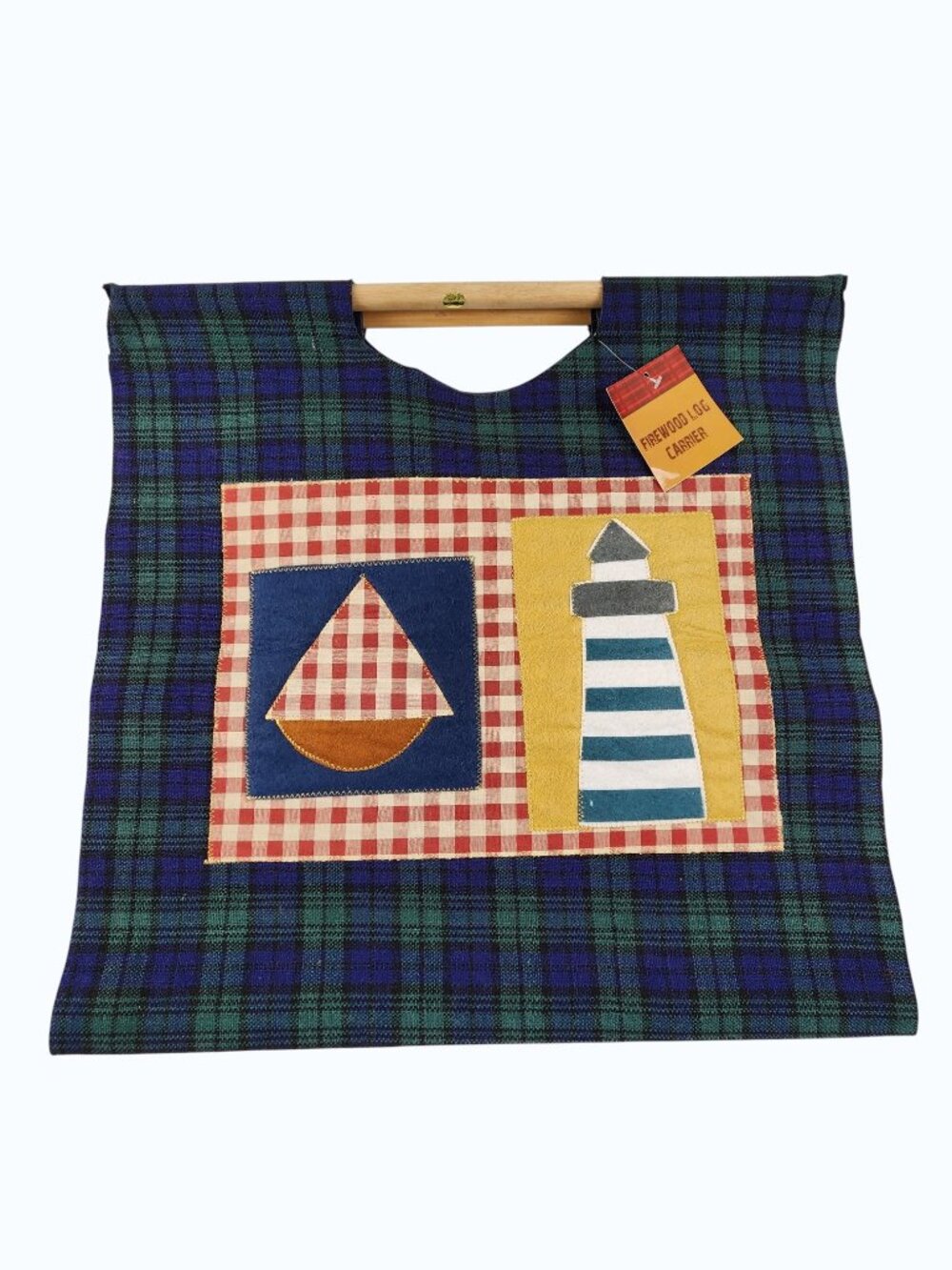 Nautical Log Carrier Plaid Lighthouse & Sailboat Appliqué Beach Cottage NWT